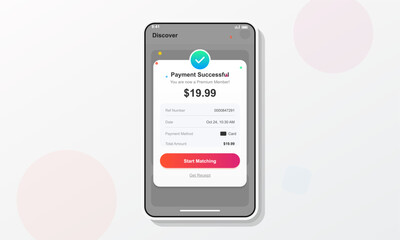 A mobile phone screen shows a successful payment confirmation for a premium membership. The interface includes transaction details, a price of 19.99 dollars, and a start matching button.