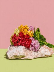 Colorful blooming bouquet on a stone decorative pedestal against a pink and lime background, creative floral display for funeral service or memorial template with copy space