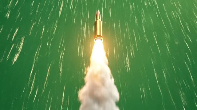Ammunition projectile launching with smoke and sparks against a vibrant green background, symbolizing power.