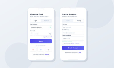 Obraz premium Two smartphone mockups displaying a modern mobile application interface for user authentication. The screens show login and registration forms with a minimalist blue and white aesthetic.