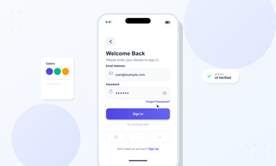 A modern mobile application login screen interface design featuring email and password input fields, a sign-in button, and social login options on a clean white background.
