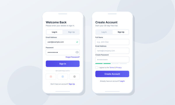 Two smartphone mockups displaying a modern mobile application interface for user authentication. The screens show login and registration forms with a minimalist blue and white aesthetic.