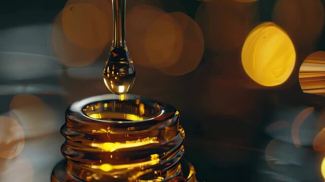 close up of sandalwood drops essential oil. Selective focus