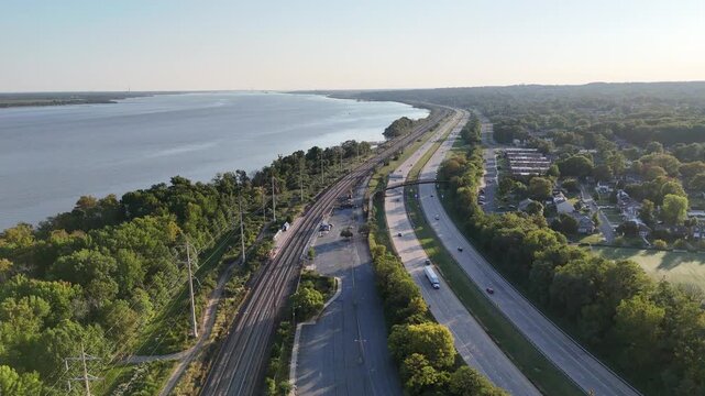 Aerial view of I-495 highway, Northeast Corridor railroad and Delaware River near Claymont, Wilmington, Delaware