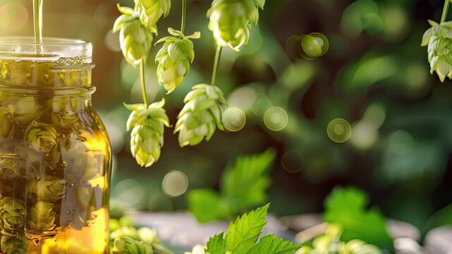 drops of hop essential oil. Selective focus