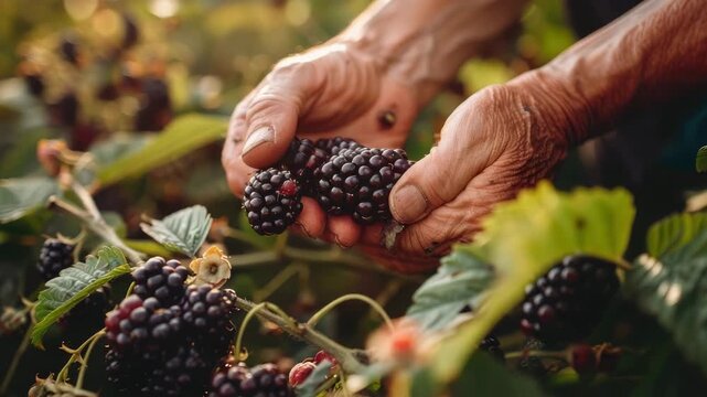 close-up of blackberry picking. Selective focus
