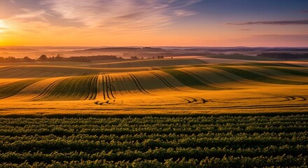 Fototapeta premium Golden hour light over agricultural fields, smooth color transitions, natural geometry, warm tones, high clarity