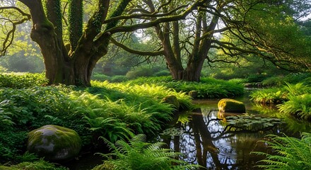 Lush Green Forest Scene with Stream and Sunlight Filtering Through Trees.