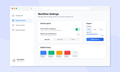 A clean user interface design for a workflow settings dashboard featuring grid layout options, export preferences, and global color palettes displayed on a soft light blue background.