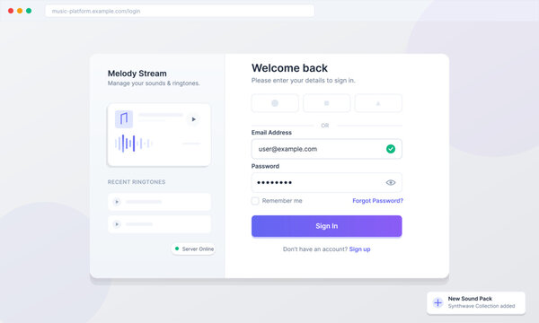 User interface design for a music streaming platform login screen. It includes fields for email and password, a sign-in button, and a sidebar with a sound waveform and recent ringtones.
