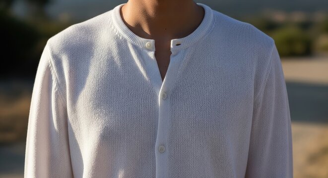 Man wearing white textured henley shirt mockup