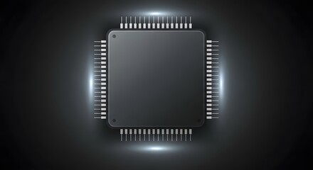 Fototapeta premium Abstract dark electronic microchip or processor unit illustration with glowing effect on a black background, representing computing power and data.