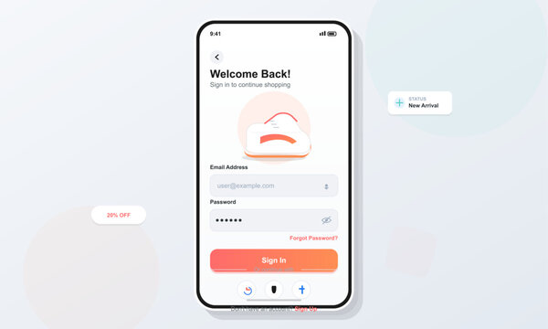 A mobile application user interface design for a shopping login screen featuring a welcome message, email and password input fields, and a prominent orange sign-in button on a white background.