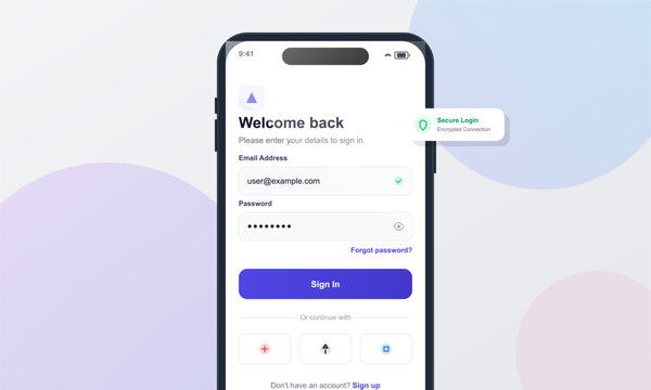 A mobile phone screen shows a welcome back sign-in page with input fields for email and password. The interface features a blue button and a secure connection badge on a pastel background.
