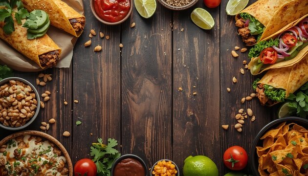 A vibrant spread of Mexican food on a rustic wooden table with tacos, salsa, and various toppings