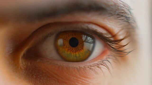 Extreme close-up of a human eye with green and brown iris