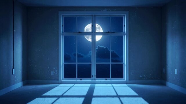Full Moon Visible Through Large Window In Empty Room At Night moonlight