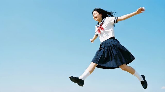 どこまでも続く青空とセーラー服の女子高生、高くジャンプして喜びを表現する瞬間