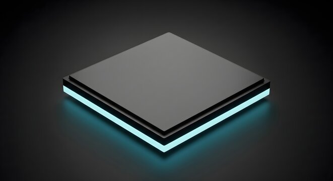 Abstract black square platform with glowing cyan light isolated on dark background, representing futuristic technology, computation, or data stage