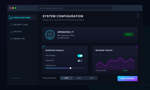 A futuristic system configuration dashboard interface with a dark theme, featuring user profile details, interface visual settings, and a network traffic monitoring graph.
