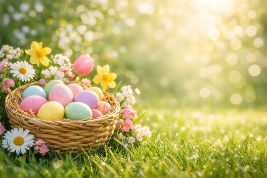 Easter Eggs Basket with Spring Flowers and Copy Space Background