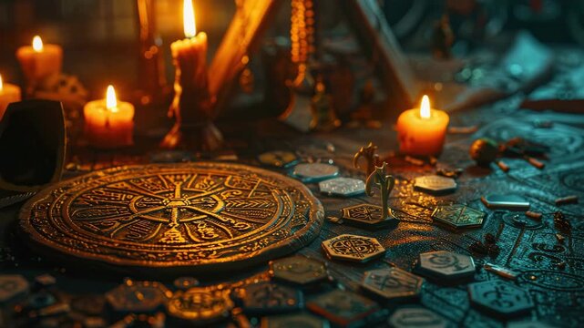 divination cards, runes and candles. Selective focus