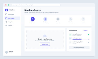 Obraz premium A clean user interface for a data management web application showing a file upload process with a progress bar, drag and drop area, and a list of files in the upload queue.