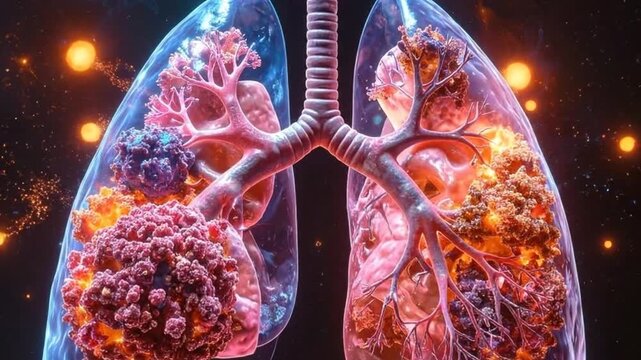 Detailed 3D rendering of human lungs affected by cancer, showcasing tumor growth.
