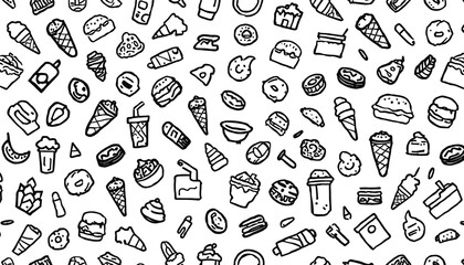 Naklejka premium A black and white illustration of various food items scattered across a plain background