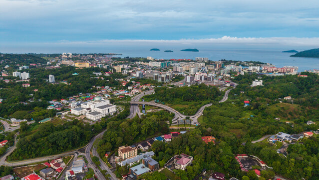 Aerial Footage of local lifestyle residential housing at Kota Kinabalu city, Sabah, Malaysia