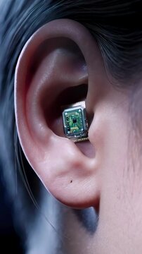 closeup ear with microchip implant showing visible circuit board and metallic housing, cooltoned hair, clinical lighting, intimate macro detail of wearable tech, audiology fitting