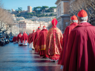 Naklejka premium Cardinals in red robes walking along a cobblestone street in Rom