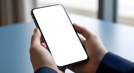 Close Up View of Hands Holding Blank Smartphone Screen with Blue Table and Blurred Background