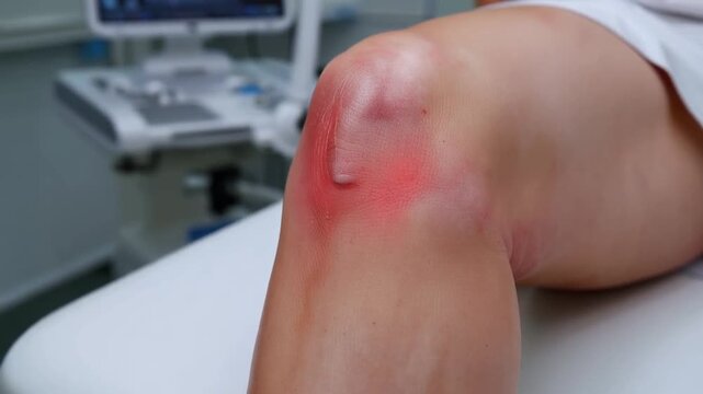 Injured knee on medical table with swollen red kneecap in hospital