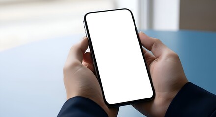 Hands Holding Smartphone With White Blank Screen on a Blue Surface with a Blurred Background