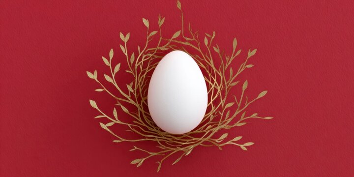 White egg in gold nest on red background. easter egg