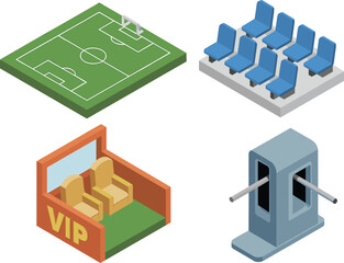 Obraz premium isometric stadium sports elements set, football field vip box seats turnstile gate arena infrastructure 3d illustration design collection