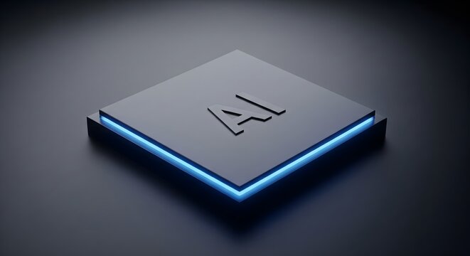 3D render of a futuristic artificial intelligence (AI) chip or processor unit glowing blue on a dark background, representing digital computing and machine learning.