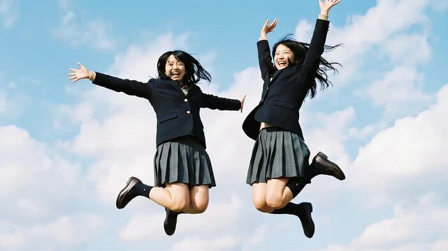 輝く青空を背景に両手を広げてジャンプする、爽やかな女子高校生のペア