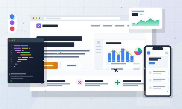 This digital illustration features a web browser with data visualization charts, a code editor window, and a mobile phone interface, representing software development and analytics.