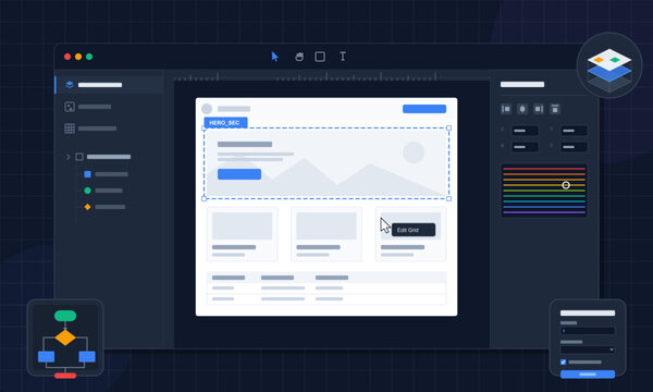 A digital illustration of a website design software interface featuring a dark theme, various editing tools, a layout canvas, and floating UI elements for web development.