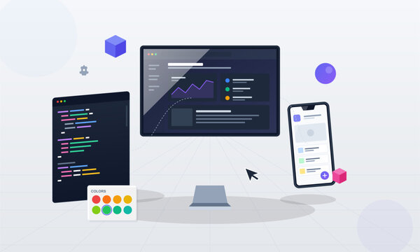A flat vector illustration showing a computer monitor with a data dashboard, a smartphone displaying an app interface, a code editor window, and a color palette on a light background.