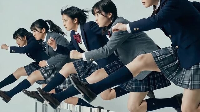 ブレザー制服の女子学生たちがハードルを越える躍動の瞬間