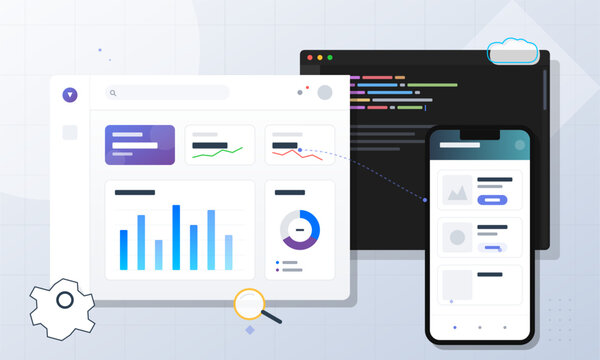 This digital illustration displays a web analytics dashboard with bar and pie charts alongside a code editor and a mobile phone interface, representing software development and data analysis.