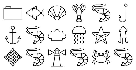 Ocean and fishing line icon set. Vector pictograms of fish, shell, lobster, shrimp, hook, anchor, jellyfish, starfish, squid, net, lighthouse, crab, outline illustration.