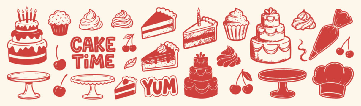 Sweet dessert collection features layered cakes, cupcakes, and baking tools in a red hand-drawn doodle style.