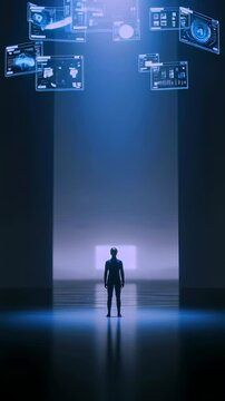Futuristic urban scene. Individual analyzing floating futuristic data screens. Male figure stands beneath luminous floating screens displaying analytics on reflective floor surface