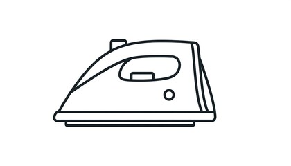 A line drawing illustration of a household electric iron, with a curved handle and a pointed, flat soleplate