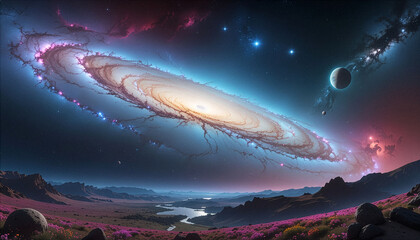 Fototapeta premium A galaxy with bright stars and planets fills the sky above a landscape with flowers and mountains. The scene blends vibrant colors and striking elements in the cosmos.