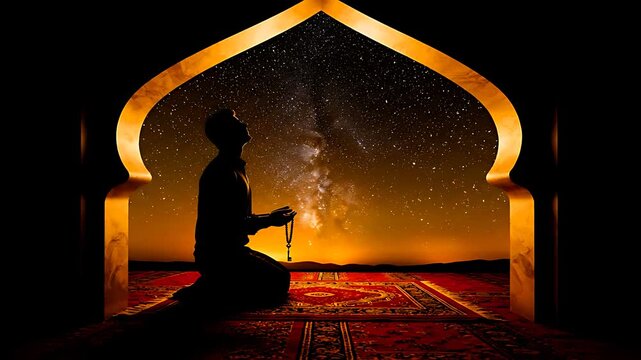 Silhouette of a devout Muslim man kneeling in prayer holding prayer beads under a dramatic, star-filled night sky framed by an ornate archway, symbolizing faith.
